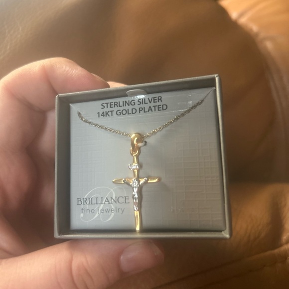 NWT Sterling Silver 14kt Gold Plated Crucifix Pendant Necklace 18” - Picture 1 of 6